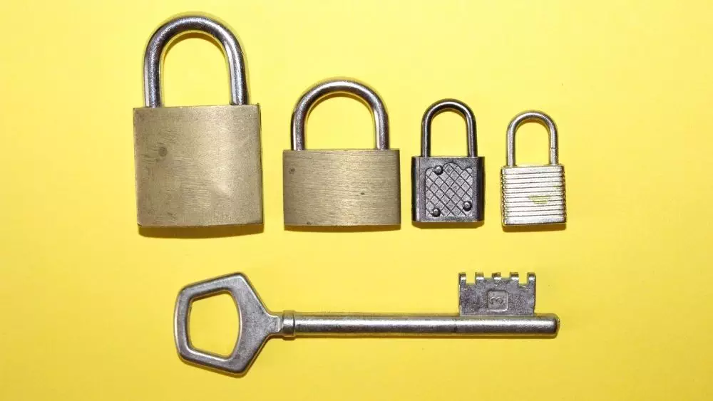 chastity locks and keys on yellow background